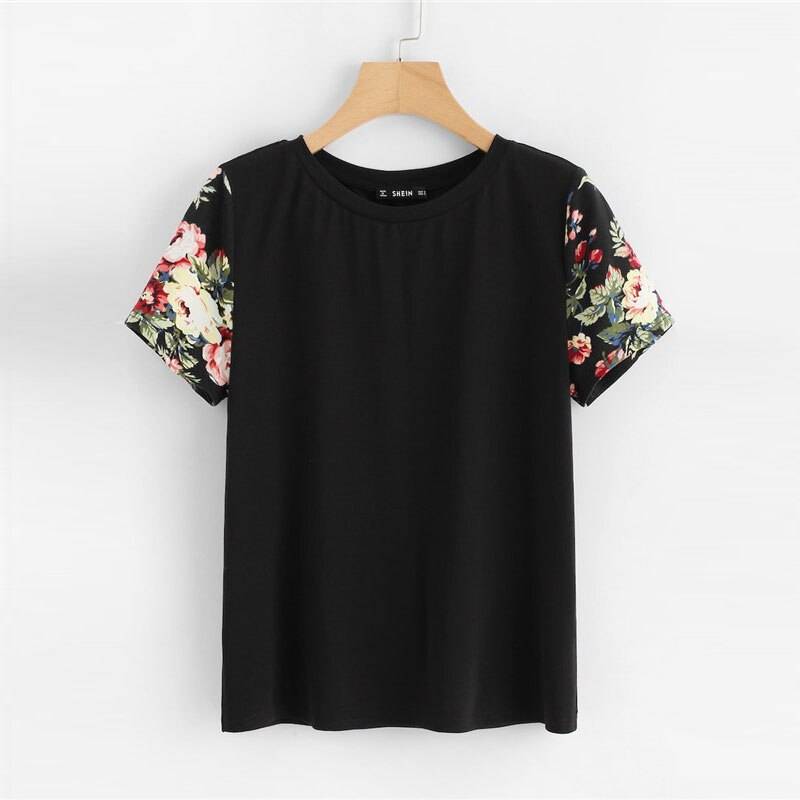 Women's Black Floral Print T-Shirt
