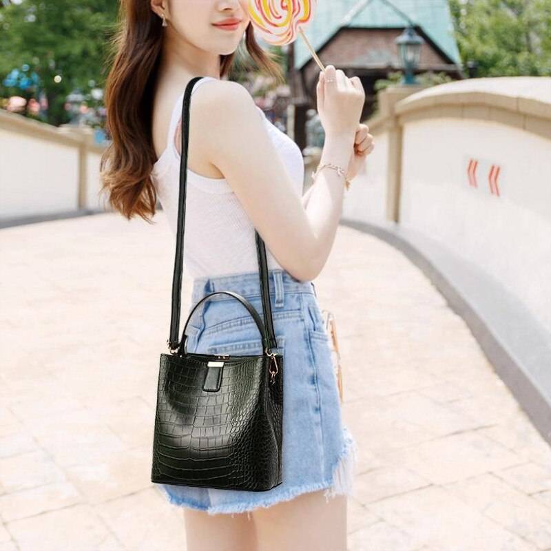 Women's Compact Alligator Skin Style Bucket Bag