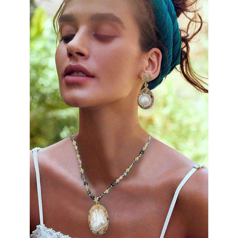 Natural Baroque Pearl Inlaid Tourmaline Earings Sets Women Vintage Jewelry Necklace Ring Lady Daily Party Handmade Jewelry